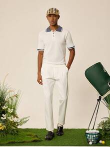 Tonviero Men's Color Block Polo Collar Short Sleeve Knit Top Polo T Shirt Men - White - View 5