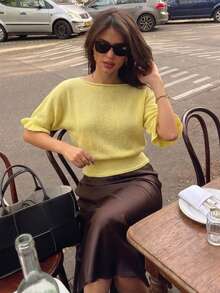 Aloruh Women's Sweet Yellow Casual Commuter Loose Waist Short Sleeve Ribbed Batwing Sleeve Ruffle Trim Boat Neck Apricot Sweater, Summer - Yellow - View 8