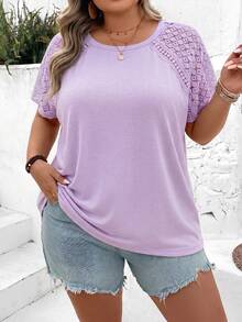 SHEIN CURVE+ Plus Size Color Block Lace Splicing Short Sleeve T-Shirt, Suitable For Beach Vacation In Summer Boho Vacation - Mauve Purple - View 3