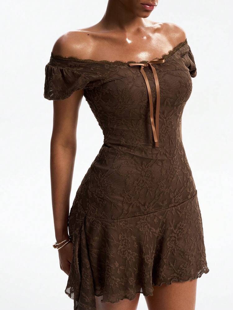 Spring Summer Brown Design Lace Dress With Lace-Up Tie, Wedding Banquet Ball Gown Evening Dress, Fashion Party Slim Fit Elegant Commuter Short Dress, Short Sleeve Women's Dress