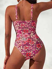 SHEIN Swim 女款花卉印花一件式泳衣，適合海灘度假、泳池派對、海灘派對 - 玫紅色 - 查看 3