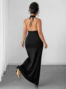 Elenzga Plus Size Women Sexy Deep V-Neck Draped Long Backless Dress Cocktail Black Summer - Black - View 2