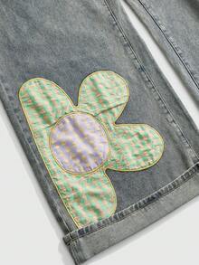 Sweetness 大尺碼可愛節日花卉DIY刺繡休閒寬腿牛仔褲 - 淺藍色 - 查看 4