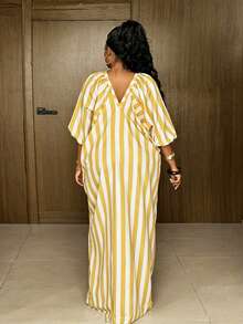 Maweii Plus Size V-Neck Puff Sleeve Bow Striped Vacation Dress Fall - Multicolor - View 5