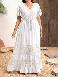 SHEIN Clasi Plus Size Elegant Lace Patchwork V-Neck Bohemian Style Dress - White - View 4