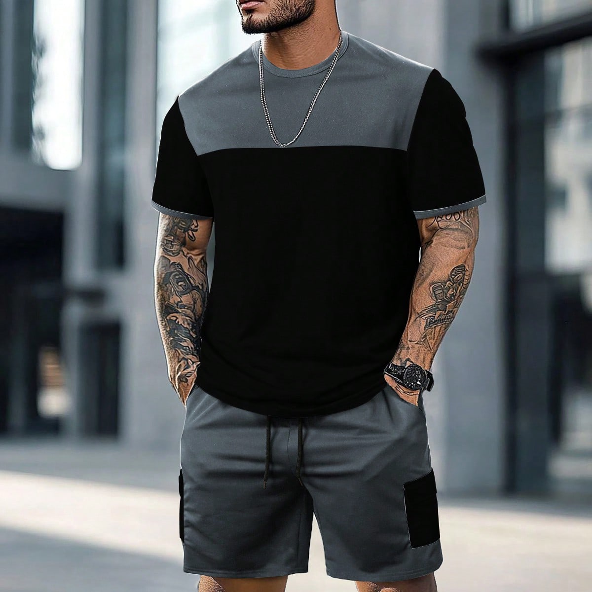 Conjunto de camiseta y pantalones cortos de hombre con parches de colores contrastantes