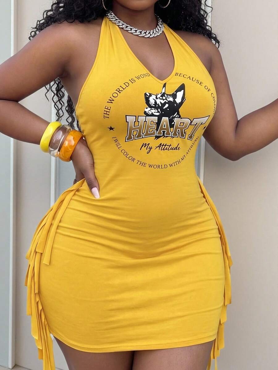 Slaydiva Yellow Summer Kawaii Rave Plus Size Mini Bodycon Dress,Y2K Street Style Sleeveless Halter Tie-Knot Side Tassel Chest Logo Print Knit Fabric