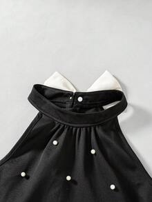 Elladie kids 一件优雅的少女黑色吊带连衣裙，白色荷叶边下摆，点缀珍珠，轻盈的雪纺A字廓形，腰部柔软的褶裥设计，适合生日派对、婚礼、学校活动、家庭聚会、早午餐约会、城市庆典和派对等场合。 - 黑色 - 查看 8
