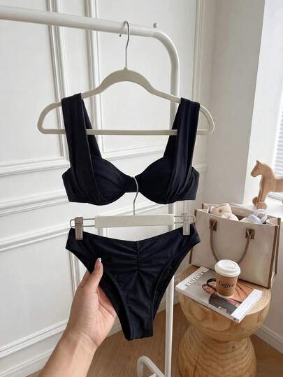 Resyla Ropa de playa para mujer Primavera/Verano 26SS, Conjunto de bikini de 2 piezas con escote corazón de unicolor sexy para mujer