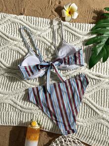 Swim Mod 女款比基尼泳衣套裝，可調節肩帶、蝴蝶結裝飾、條紋印花、高腰設計，海灘與島嶼度假休閒風 2 件組 - 咖啡棕 - 查看 5