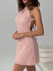 SHEIN EZwear Lotus Root Rosa Ärmlös Miniklänning Utan Rygg Dam - Dammrosa - Visa 4