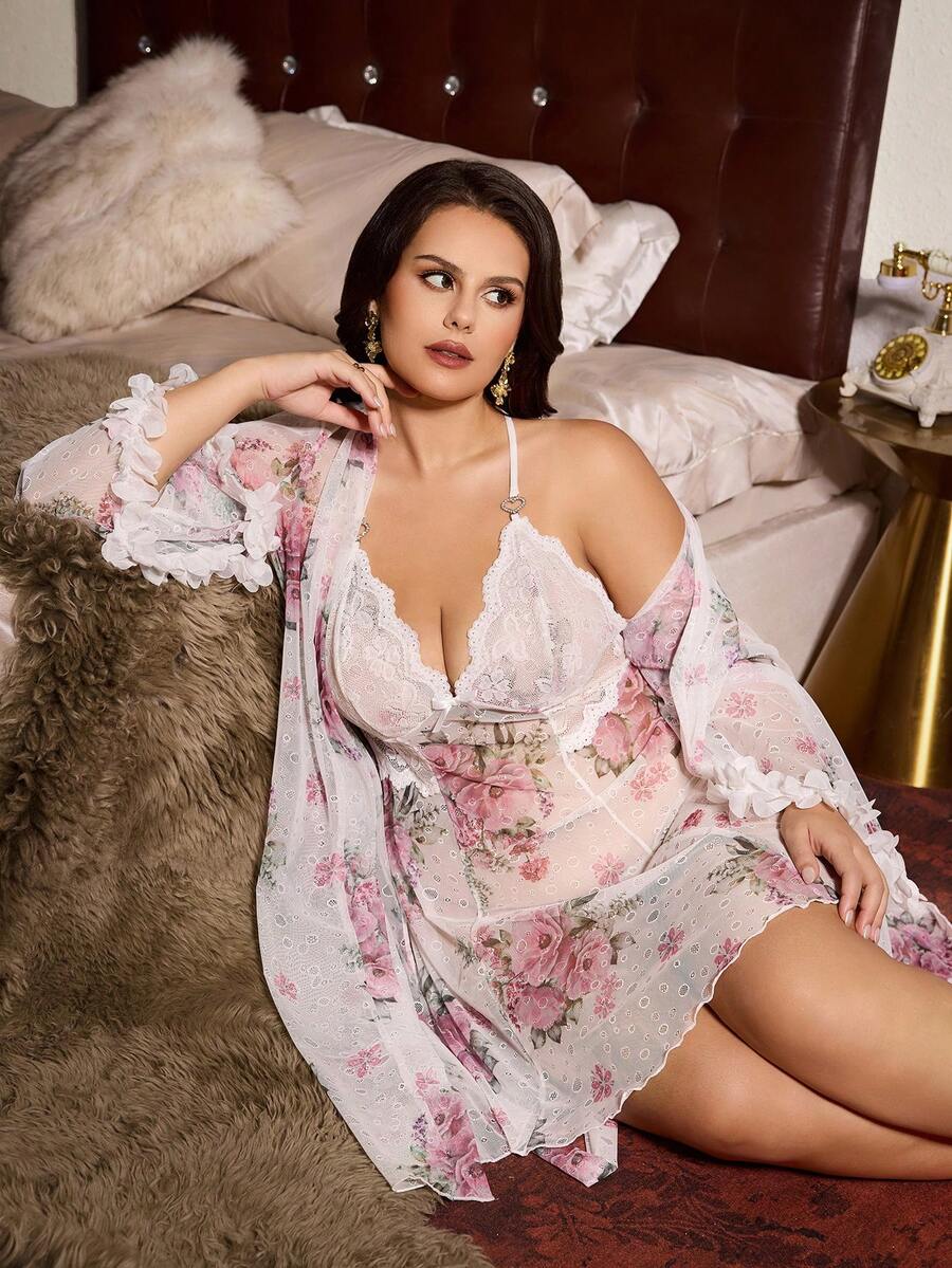 Slumberist Plus Size Sexy Sheer Floral Mesh Robe With Lace Trim Lightweight Nightgown Set With Belt - White - View 1