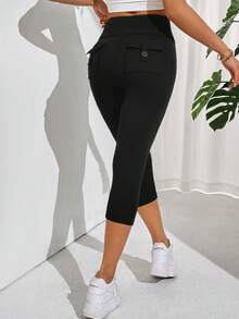 SHEIN Tall CURVE 大码女式休闲纯色宽腰后袋翻盖七分裤，黑色弹力紧身裤，适合七月四日节日穿着，紧身短裤，休闲运动短裤，高腰短裤，夏季运动风 - 黑色 - 查看 6