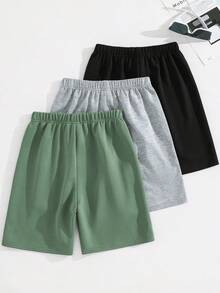 SHEIN 3件組兒童青少年男孩休閒運動衛衣布料運動短褲多件裝，深綠色，夏季，徒步，灰黑綠短褲，春夏套裝，運動 - 彩色 - 查看 5