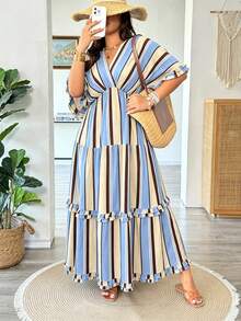 Vionelle Plus Size Women Elegant Boho Navy Blue Ruffle Hem Loose Long Dress, Spring/Summer Beach Vacation - Blue - View 3
