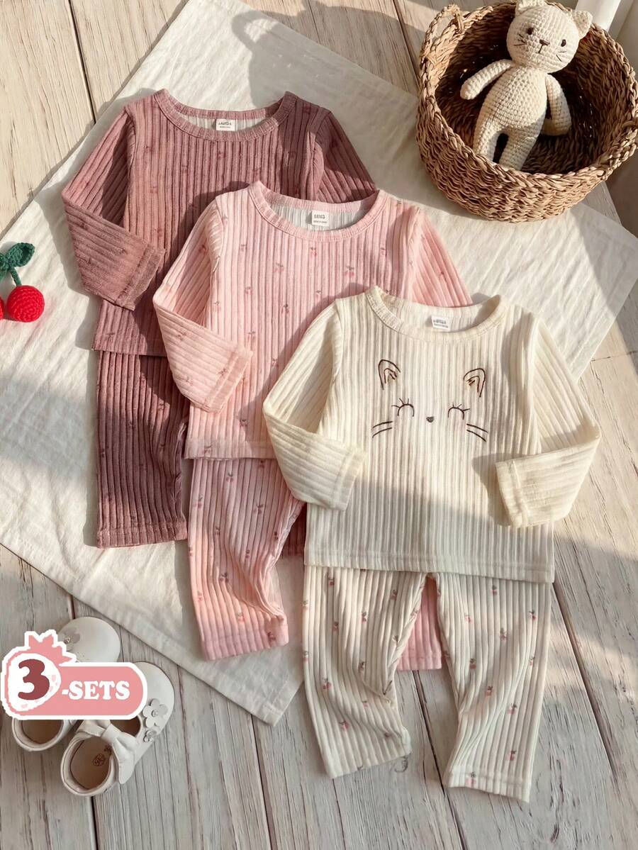 SHEIN Vintaside Kids 6件套女婴春秋季休闲可爱甜美棕色豹纹上衣、粉色杏色上衣搭配同色裤子,3套组合套装,适合上学和日常穿着 - 彩色 - 查看 1