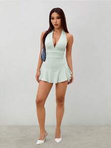 SHEIN PETITE 女款掛脖高彈性腰 A 字下擺緊身連身褲，附荷葉邊，適合嬌小女性 - 薄荷綠 - 查看 4