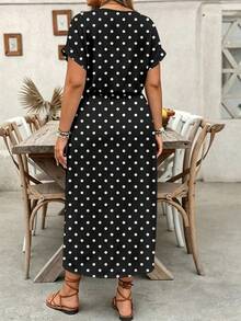EMERY ROSE Plus Size Women Casual Polka Dot Print Slit Hem Round Neck Dress - Multicolor - View 2