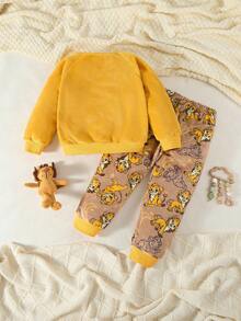 Genkimix Kids 2pcs Young Boy Cartoon Graphic Plush Crew Neck Long Sleeve Top And Pants Pajama Set Kids Sleep Wear - Multicolor - View 2