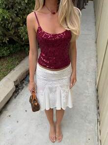 Aloruh Damen neue Spitze & Pailletten Splice sexy Cami Top, Alltagskleidung - Bordeaux - Übersicht 5