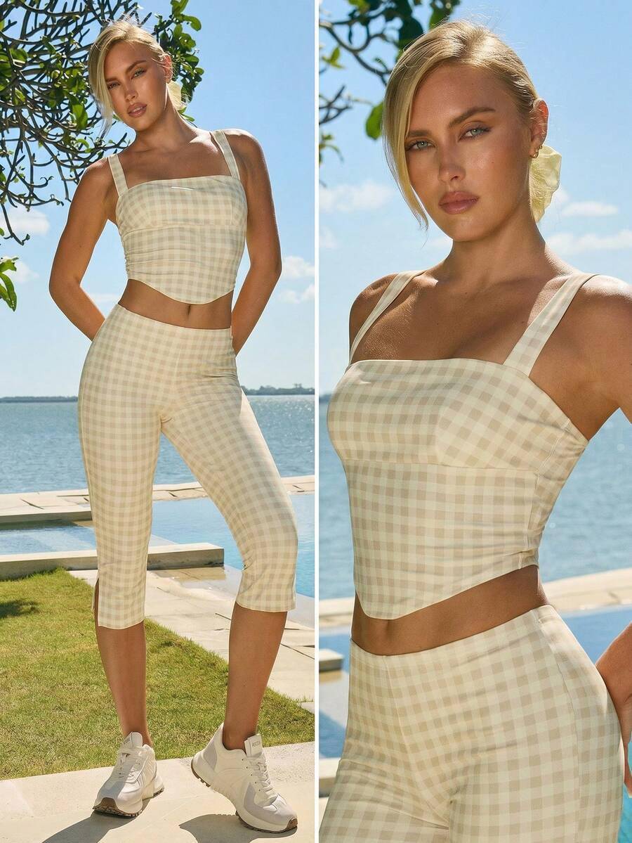 Fluxe Áo thun thể thao mùa hè không tay cổ tròn kẻ caro
