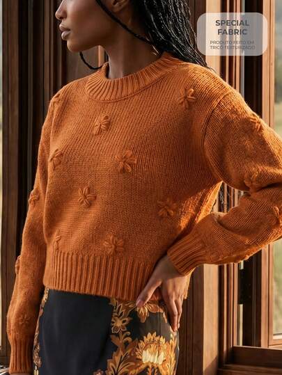 CAJUNI Women's Round Neck 3D Floral Decor Casual Versatile Daily Wear Long Sleeve Sweater