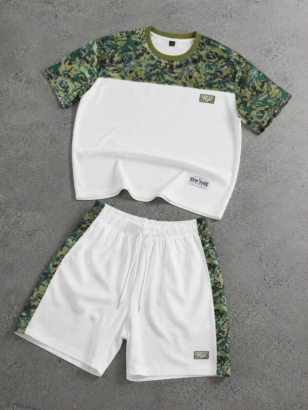 PAVTROS Men's Green And White Camouflage Patchwork Sports Set,Summer Streetwear Round Neck T-Shirt & Drawstring Shorts,Knitted Mesh Fabric,Vacation Outdoor