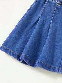 SHEIN 幼女牛仔裙，輕量夏季，休閒可愛時尚街頭風，百搭，中洗藍，夏季度假，百搭極簡，彈性腰褶皺寬鬆無彈牛仔裙，柔軟舒適棉質牛仔面料，日常穿著，聚會，學校，通勤，2026夏季新品 - 中等水洗藍 - 查看 3