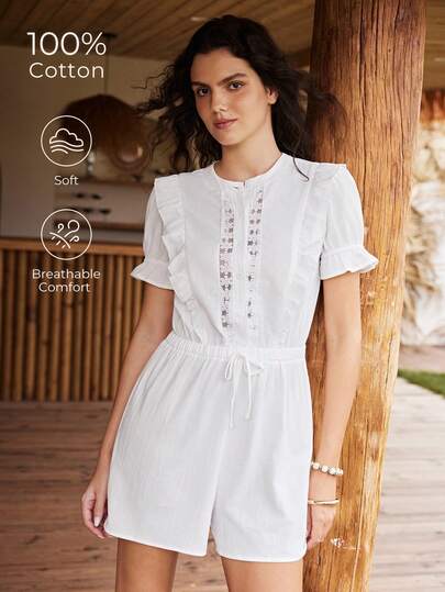 Lullawish Bộ đồ ngủ liền thân kiểu Bohemian bằng cotton cổ điển, thêu hoa, phối ren, xếp nếp, cài cúc phía trước, màu trơn, lãng mạn dành cho nữ, thích hợp cho đám cưới.
