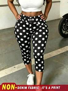 INAWLY 大尺碼女款圓點圖案緊身七分內搭褲 - 黑色 - 查看 1