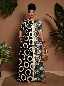 Maweii Plus Size Women's Summer Graphic Print Elastic Fabric Dress, Elegant Summer Outfit, Suitable For Vacation, Birthday, Beach, Carnival - Apricot - View 1
