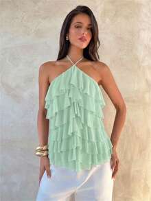 Aloruh Women's Elegant Romantic Tie-Up Neck Multi-Layer Ruffle Trim Teal Vacation & Date Top - Teal Blue - View 2