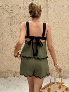 SHEIN Frenchy Conjunto Casual de 2 Peças com Regata e Shorts em Cores Contrastantes para Mulheres - Verde Militar - Visão 8