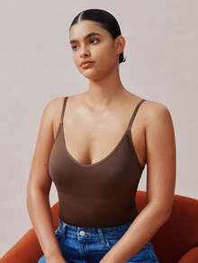 Veilyse 1pc Women Seamless Shapewear Bodysuit, Thong Bottom, Slimming Shaping Bodysuit, Tummy Control Bodysuit, Shapewear, Waist Trainerfor Summer - Brown - View 9