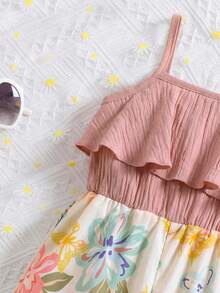 SHEIN Bộ áo liền quần không tay in hoa dễ thương cho bé gái, thích hợp cho mùa hè. - Hồng - Xem 3