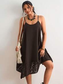 Freevana Plus Size Solid Color Spaghetti Strap Sleeveless Casual Loose Summer Dress - Coffee Brown - View 3