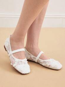 Eladyva Giày lười đế bằng hở mũi vuông phối ren hoa hồng thoáng khí, đa năng, giày ba lê, giày Mary Janes, giày thường ngày cho nữ mùa thu 2025 - trắng - Xem 3