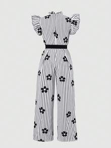 SHEIN Tween Girls Ruched Collar, Detachable Waist Belt, Polka Dot Pleated Jumpsuit, Featuring Flutter Sleeves, Ruffle Collar. Suitable For Elegant Casual, Holiday, Party, Shopping - Black and White - View 2