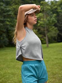 Exploreva Exploreva 女款夏季戶外運動灰色無袖背心上衣，立領設計，側縫扭轉不對稱下擺設計，適合女款夏季服裝、夏季上衣、女款夏季穿搭、女款健身服、女款休閒上衣、女款運動服 - 淺灰色 - 查看 4