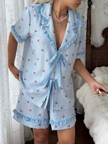 CottageSlumber Cherry Plaid Print Patchwork Solid Color Ruffle Bow Romantic Women Pajama Set - Multicolor - View 3