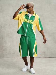 PAVTROS Men's World Cup 2 Pieces Set,Green,Summer,Streetwear,City Break,Short Shirt And Drawstring Shorts,Yellow Contrast Design,Sporty Fashion Gift - Green - View 5