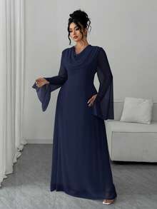 Elenzga Plus Size Women's Elegant Traditional Waist Cinched Long Sleeve Hooded Dress, Suitable For Autumn Outings, Wedding Fall Evening Formal Navy Blue - Navy Blue - View 4