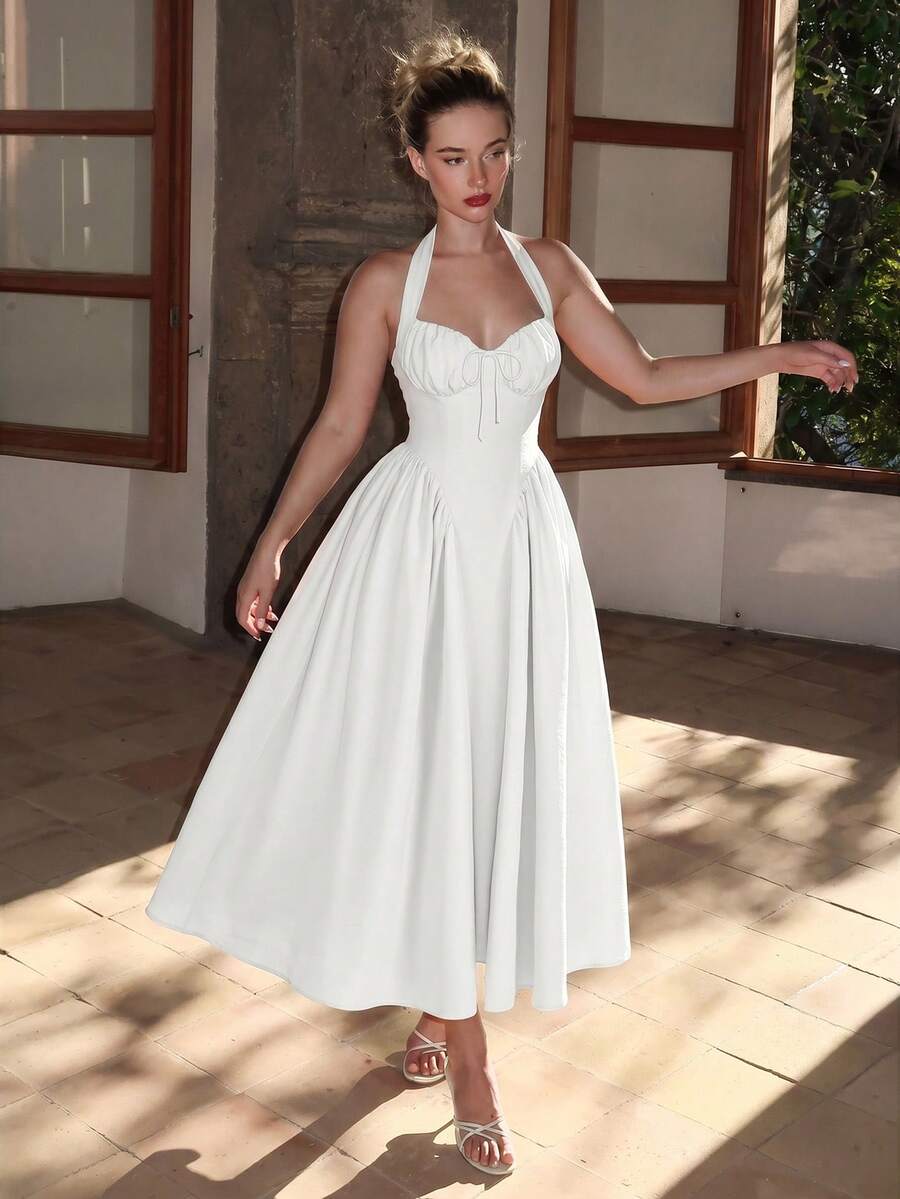 Turnttoni Damen-Swingkleid mit Neckholder, Raffung und Schleife, Weiß, Party-Outfit für Damen, Silvester-Outfit, elegantes Herbst-Hochzeitsgastkleid für den Sommer - Weiss - Übersicht 1