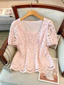 GlowEve CURVE Fashionable Elegant Square Collar Short Sleeve Light Pink Hollow Lace Blouse, Spring/Summer Plus Size Date Brunch Dinner Night Wedding - Baby Pink - View 1