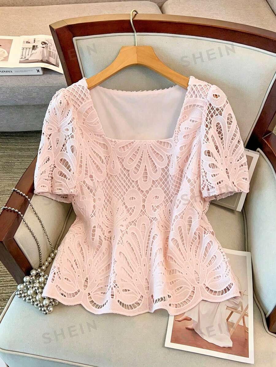 GlowEve CURVE Fashionable Elegant Square Collar Short Sleeve Light Pink Hollow Lace Blouse, Spring/Summer Plus Size Date Brunch Dinner Night Wedding - Baby Pink - View 1