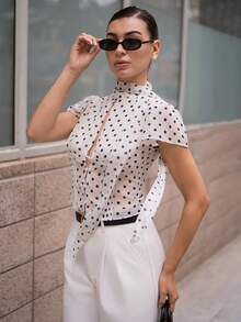 Andrea Bello Women's Elegant, Romantic, Fashionable, And Casual Polka Dot Print Chiffon Blouse With Ribbon For Spring And Summer; Sexy And Elegant Blouse; Cute Blouse; Short-Sleeved Blouse; Valentine's Day; Work Top. Spring Breaks, Summer Holidays, Wedding Party Top, Going Out Top For Women, Holidays For Women - Apricot - View 4
