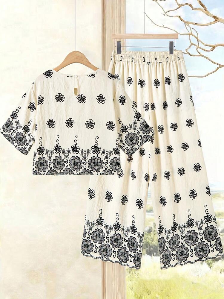 Plus Size Vintage Allover Print Casual Loungewear Set For Summer Beach Outfit For Women