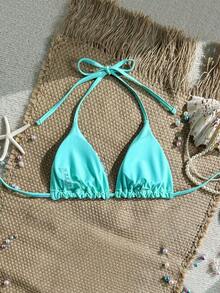 Costavie Random Gold Shell Print Halter Neck Triangle Cup Sexy Swimwear Top For Summer Vacation - Mint Blue - View 2