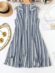 SHEIN LUNE Đầm mùa hè dáng rộng, không tay, kẻ sọc, cài nửa thân trước, kiểu dáng thường ngày, đa năng, cỡ lớn. - Màu xanh lam - Xem 5