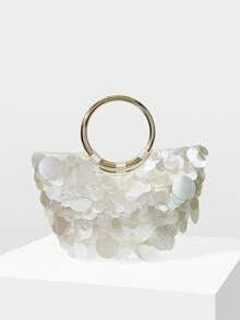 MOTF Bolso de mano de moda para mujer con perlas y lentejuelas, asa redonda, bolso semicircular exquisito, brillante y sencillo, adecuado para citas y fiestas, vacaciones de verano, viajes, , playa, bohemio, a juego - Lentejuelas Blancas - Ver 3